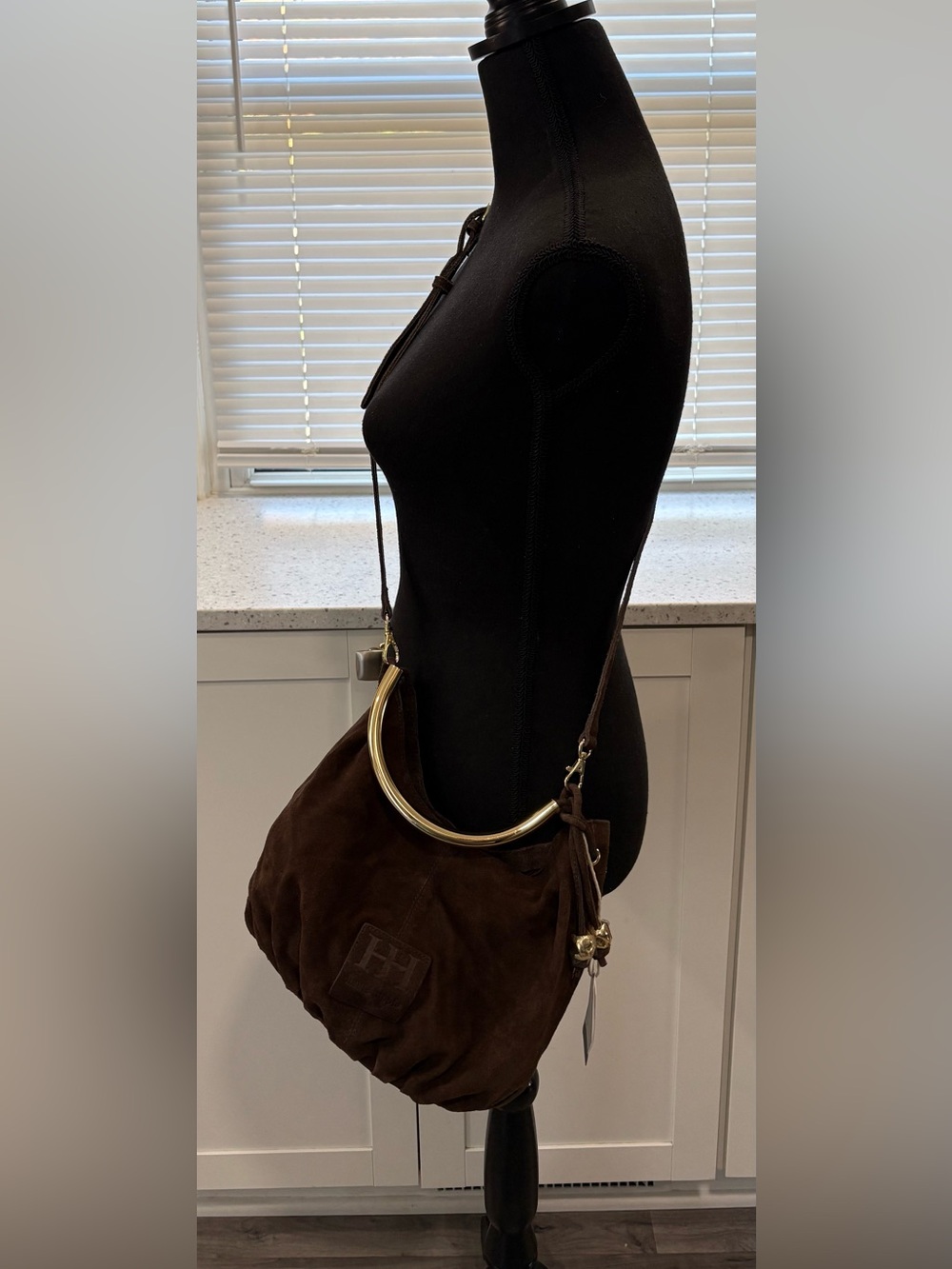 NWT Haute Hippie Brown Suede Hobo Bag/Crossbody with Gold Arched Handle - Picture 15 of 16